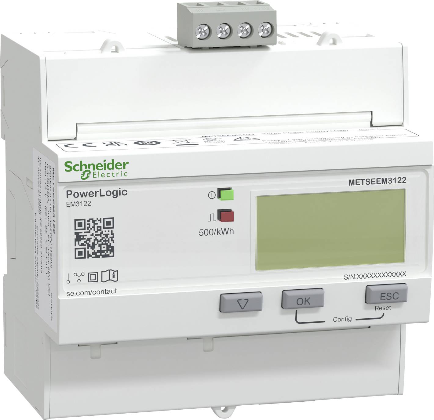 Compteur d'énergie étiqueté « Schneider Electric PowerLogic », modèle EM3122. Doté d'un écran LCD, de boutons et de voyants indicateurs rouges/verts.