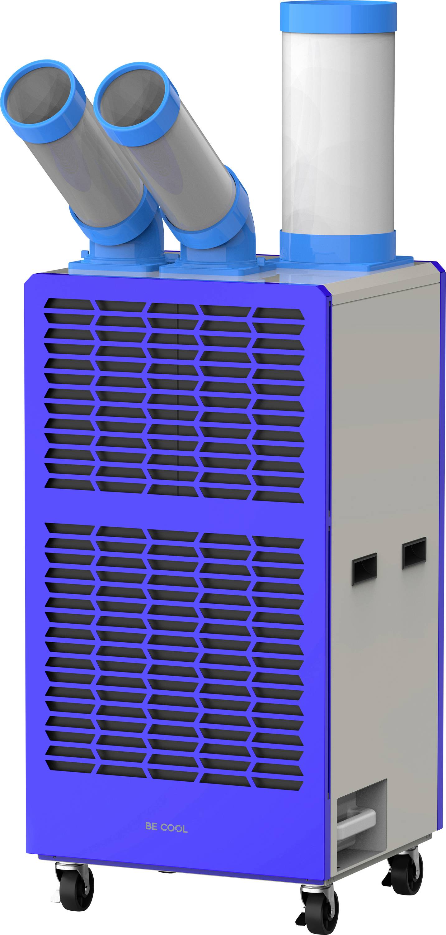 Une unité de climatisation portable avec deux tuyaux d'échappement ajustables, conçue pour refroidir les petits et moyens espaces, montée sur roulettes.