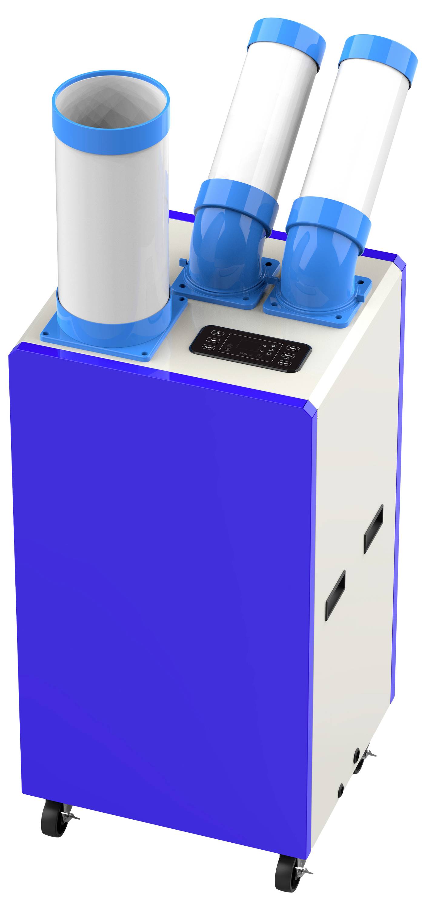 Une unité de climatisation portable blanche et bleue avec trois tuyaux d'échappement réglables et un panneau d'affichage numérique sur le dessus.