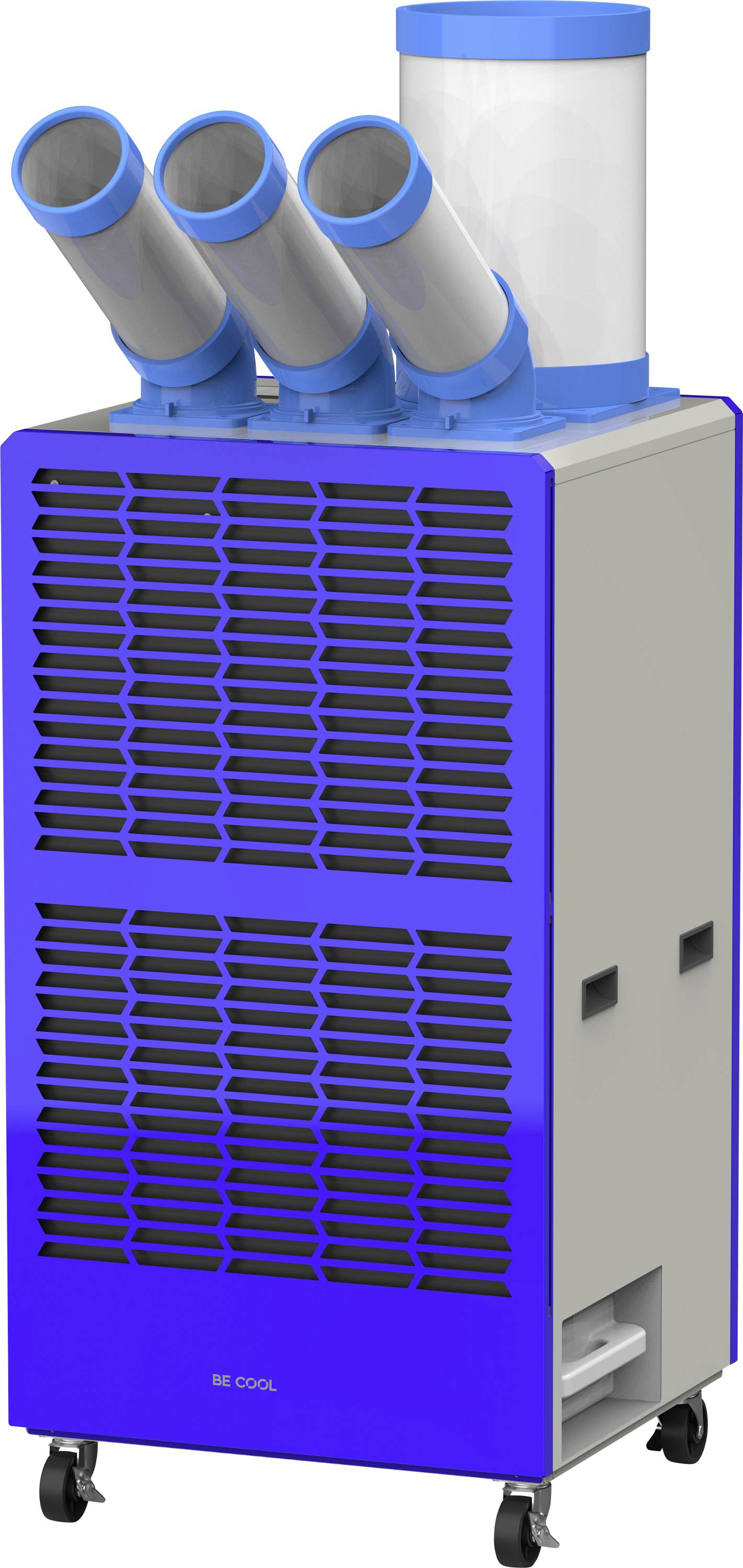 Une unité de climatisation portative avec trois conduits, un boîtier bleu et gris, et quatre roues pour la mobilité.