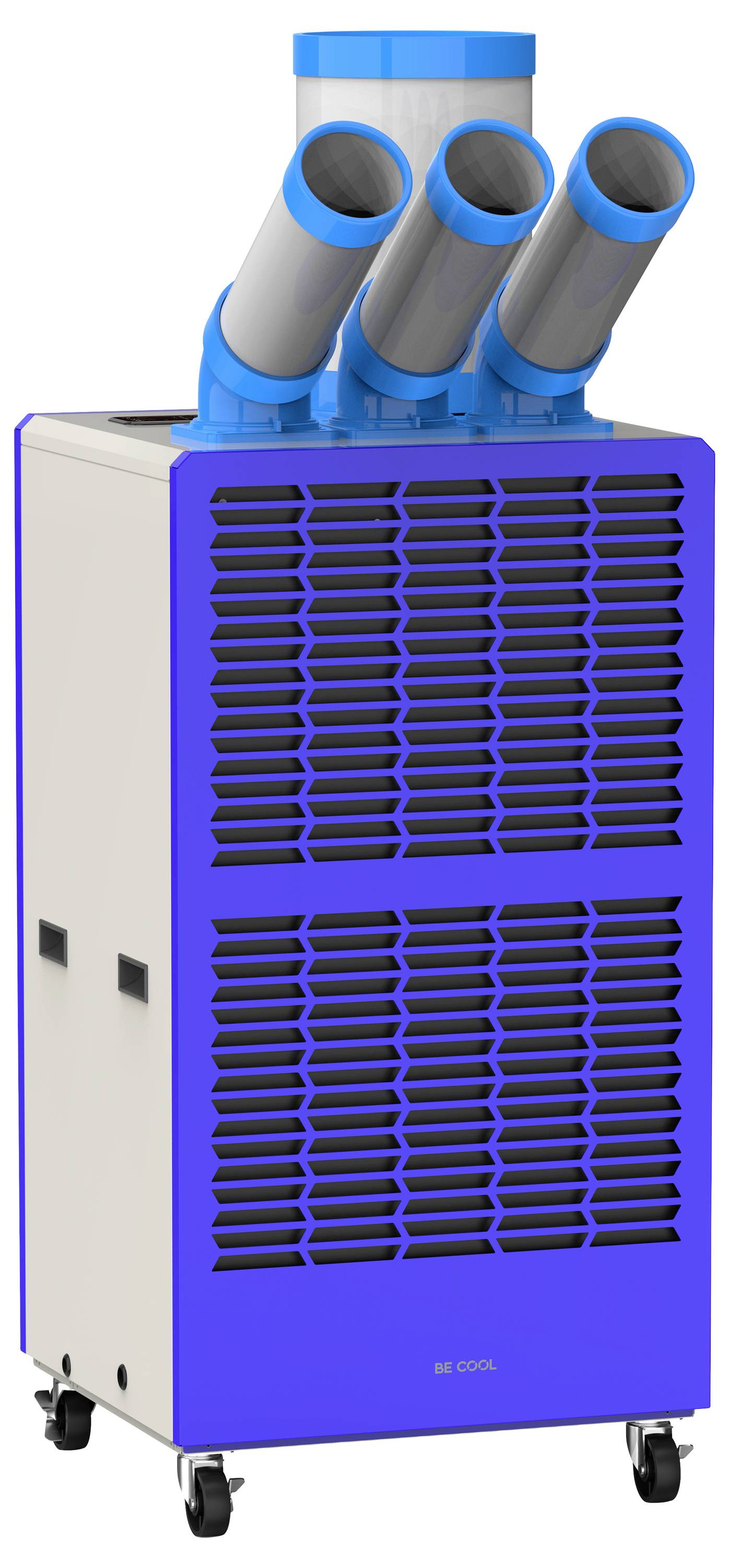 Une unité de climatisation portable sur roulettes avec trois évents réglables au sommet, présentant un design bleu et gris.