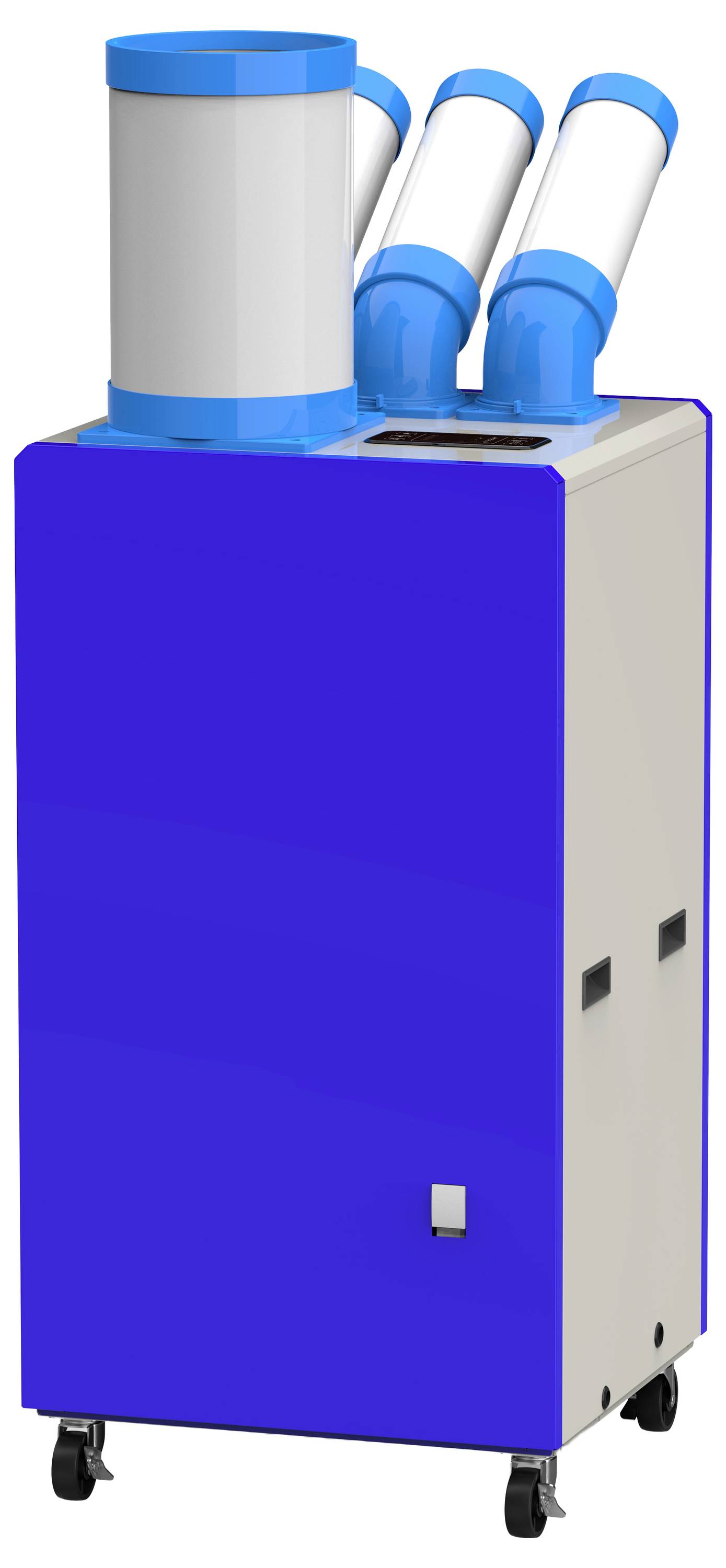 Une unité de climatisation portable blanche et bleue avec quatre tuyaux d'échappement sur le dessus, montée sur des roues pour la mobilité.