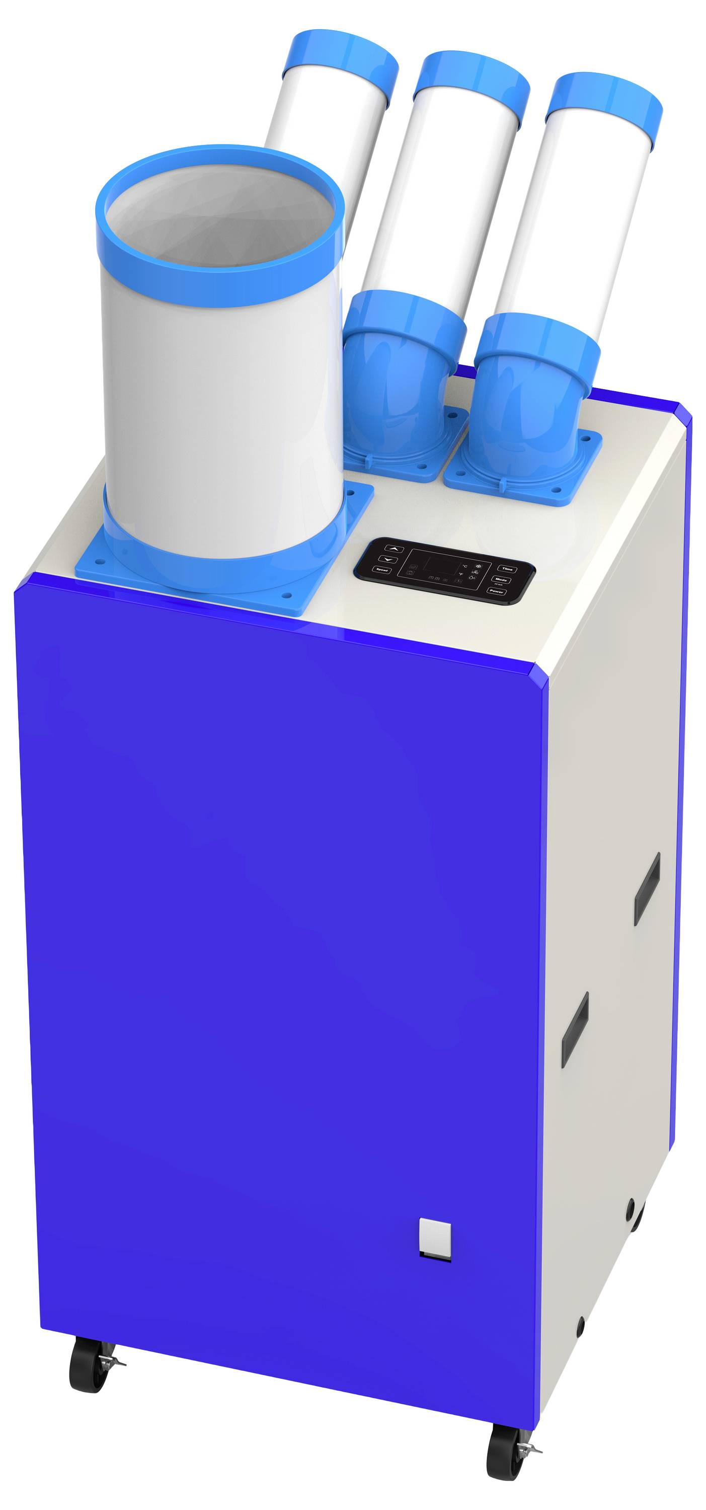 Unité de climatisation portable avec des accents bleus et quatre conduits d'échappement sur le dessus, montée sur des roulettes pour une mobilité facile.