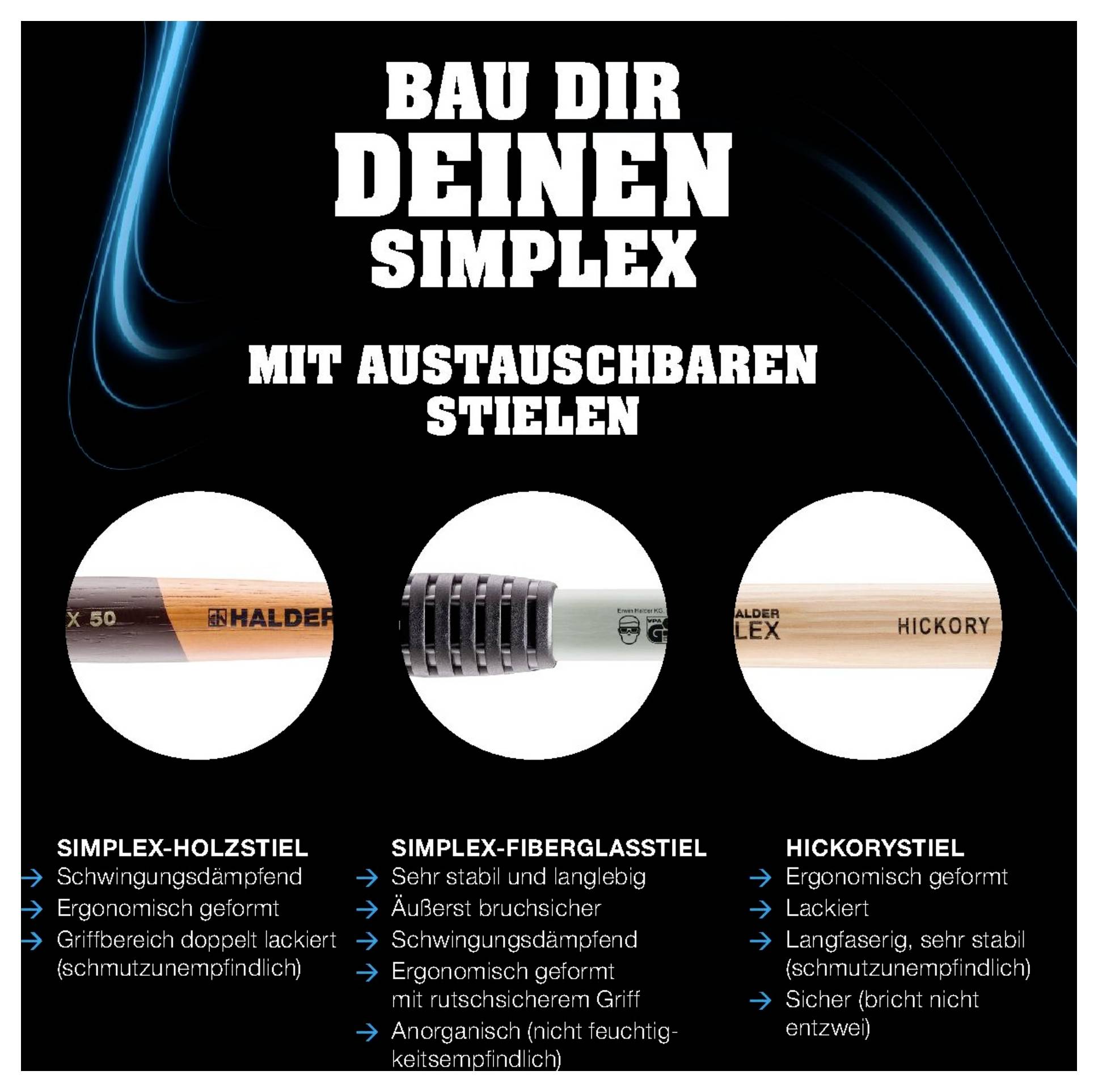Construisez votre Simplex avec des manches interchangeables sur trois types de marteaux : manche en bois, manche en fibre de verre, manche en hickory. Caractéristiques décrites.