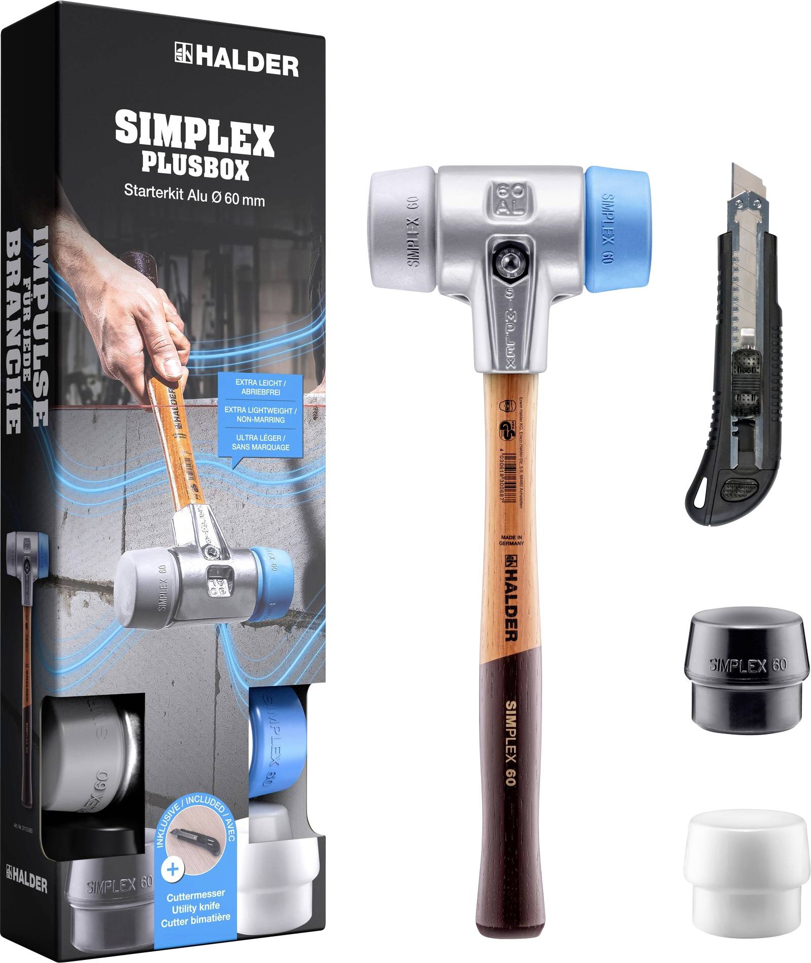 Un coffret simplex plus comprenant un maillet à double tête, des têtes supplémentaires en matériaux variés, et un couteau utilitaire, le tout étiqueté et emballé.