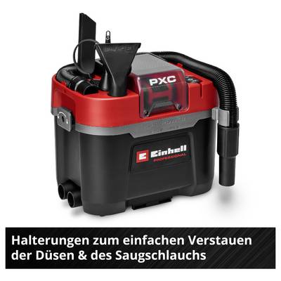 Aspirateur portable avec supports pour buses et tuyau d'aspiration, rouge-noir, marque 'Einhell PXC'.