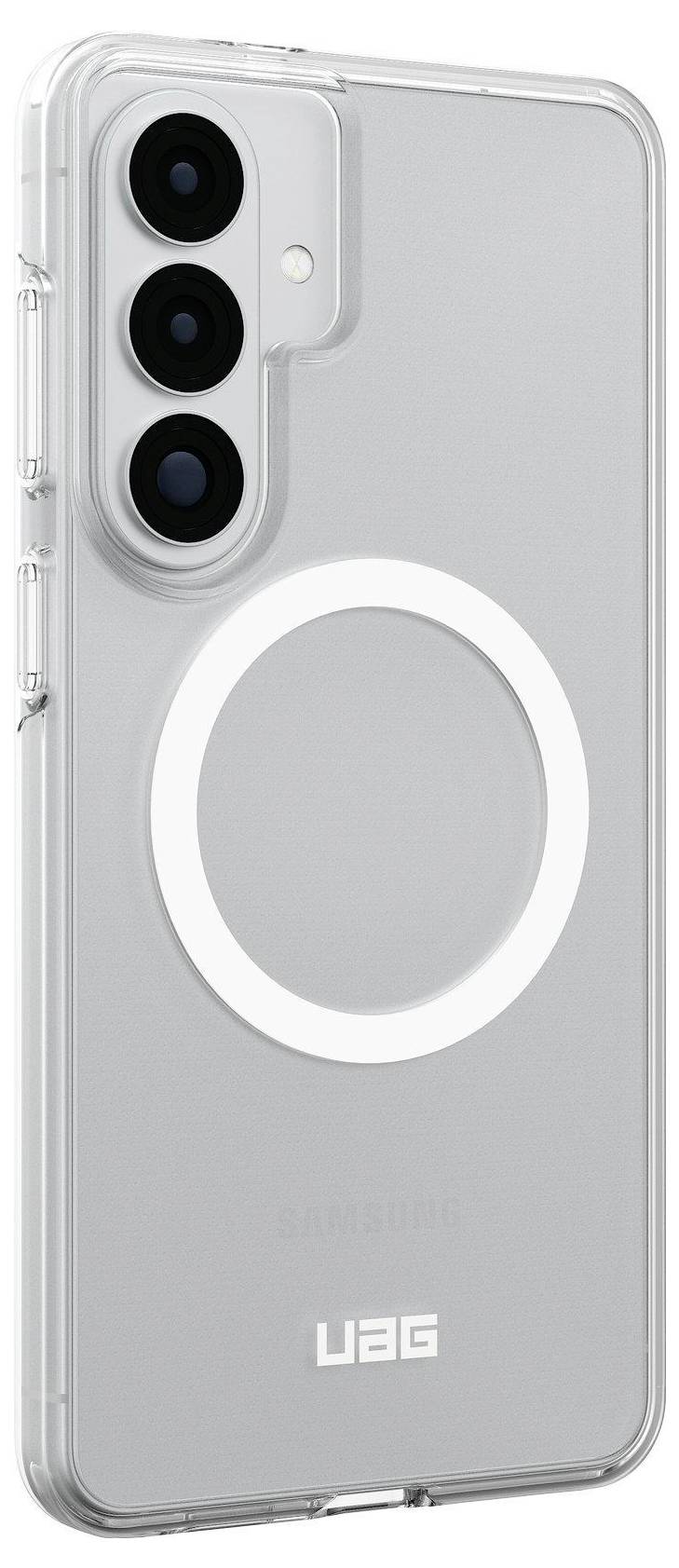 Un étui de téléphone transparent avec trois découpes pour appareil photo et un design compatible avec un anneau MagSafe circulaire est présenté sur un smartphone.