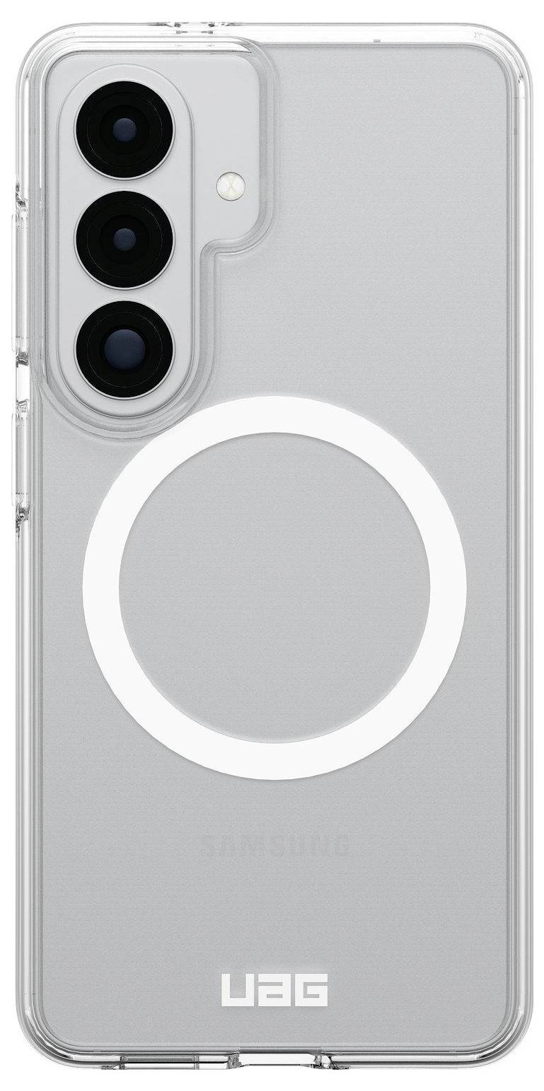Un étui de téléphone transparent avec un design circulaire, compatible avec les appareils Samsung. Il a trois ouvertures de caméra à l'arrière.