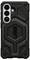 Un étui de téléphone noir robuste avec un motif hexagonal et le logo « UAG », conçu pour la durabilité et l'absorption des chocs.