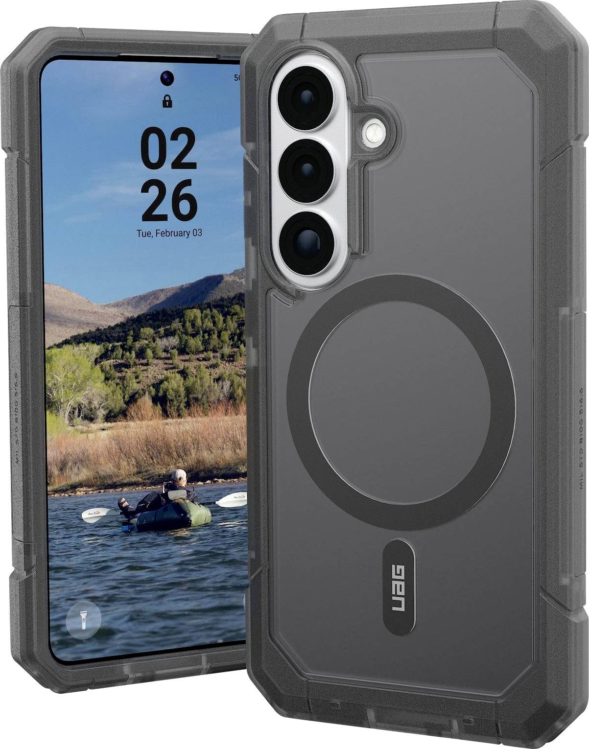 Étui de téléphone au design robuste, doté de bords protecteurs et compatible MagSafe, présenté aux côtés d'un smartphone avec un fond d'écran à thème naturel.