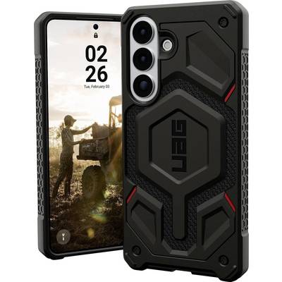 Un étui de téléphone robuste au design angulaire, protégeant un smartphone affichant « 02:26 mar., 03 février » et une scène extérieure montrant une personne près d'un véhicule.