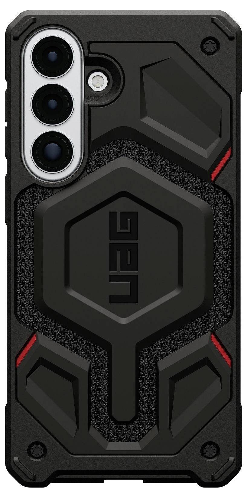 Étui de téléphone noir et rouge robuste avec surface texturée, trois découpes pour caméra et un design hexagonal, portant le label « UAG » au dos.