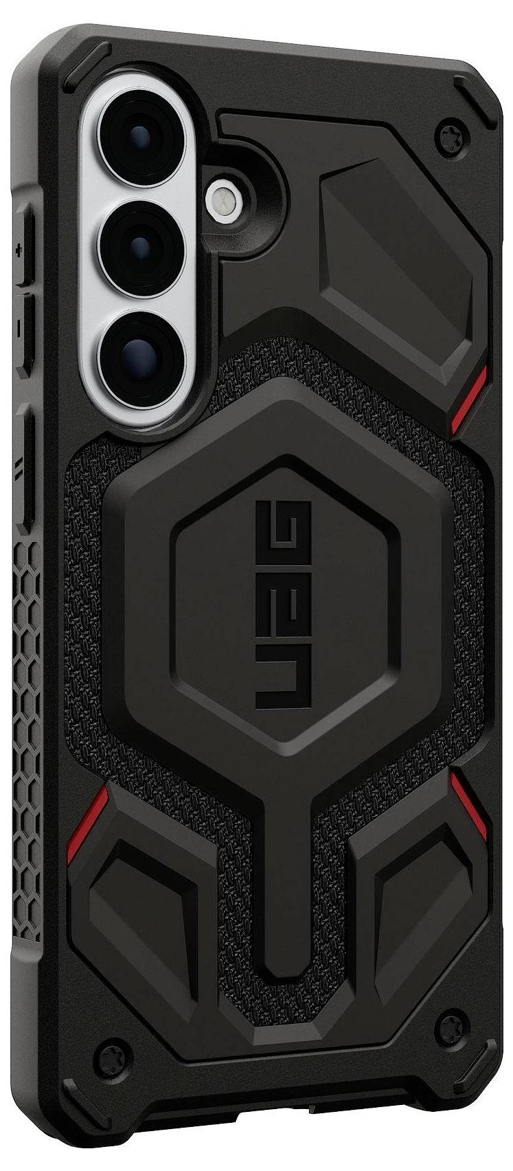 Un étui de téléphone noir robuste avec des motifs géométriques et des accents rouges conçu pour protéger un smartphone.