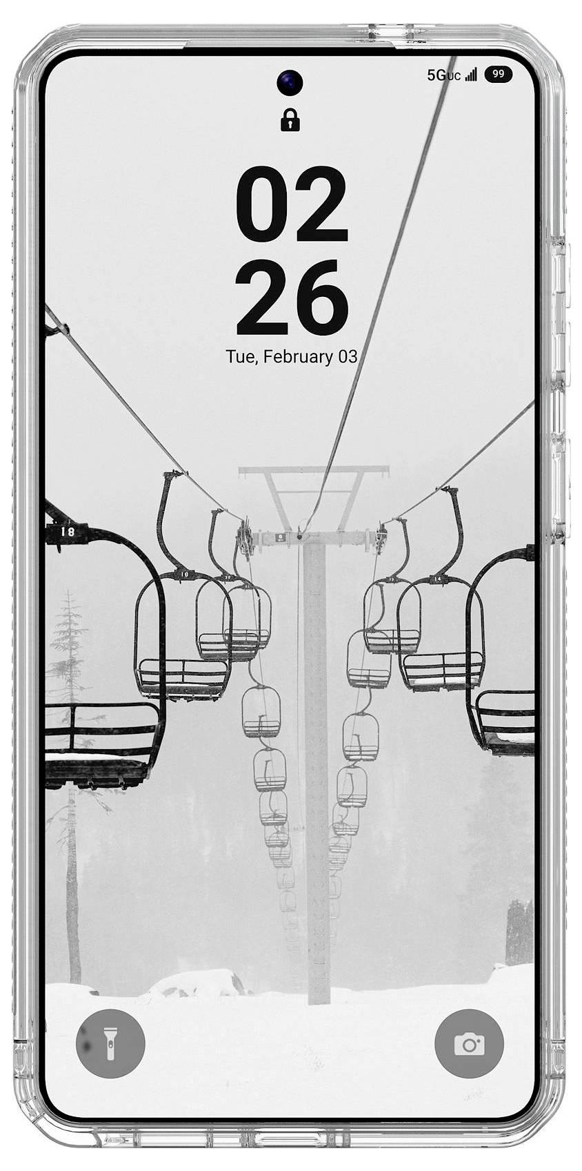 Écran de téléphone montrant une personne tenant une planche de surf dans la mer, avec les grands chiffres « 02:26 » et la date « Tue, February 03 » affichés.