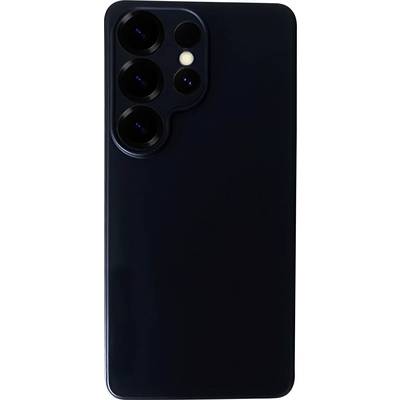 Un smartphone avec un dos noir comporte un module caméra important contenant quatre objectifs et un flash dans la partie supérieure.