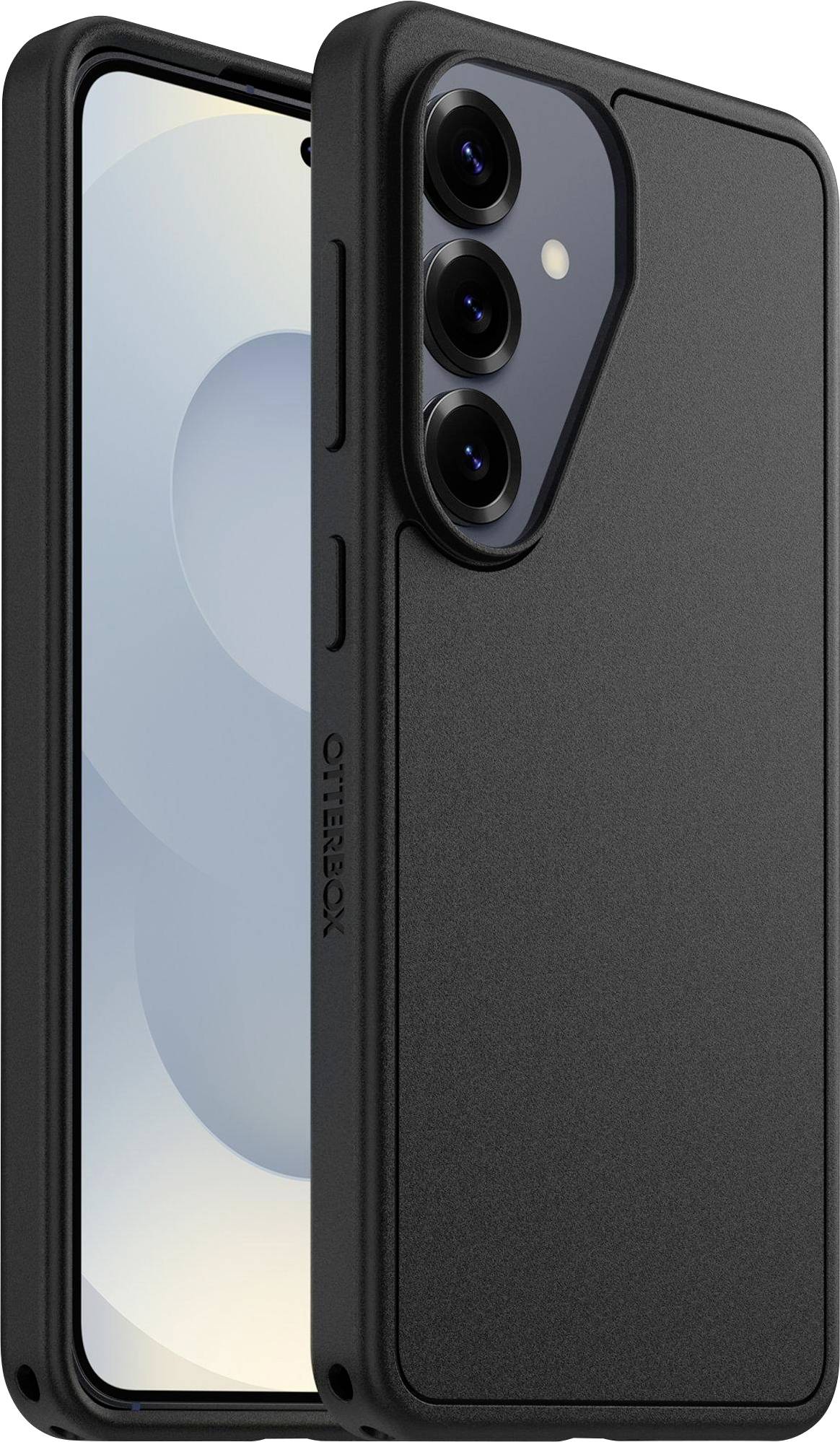 Un smartphone noir avec un triple appareil photo à l'arrière, enfermé dans une coque de protection. L'écran du téléphone affiche des formes circulaires abstraites.