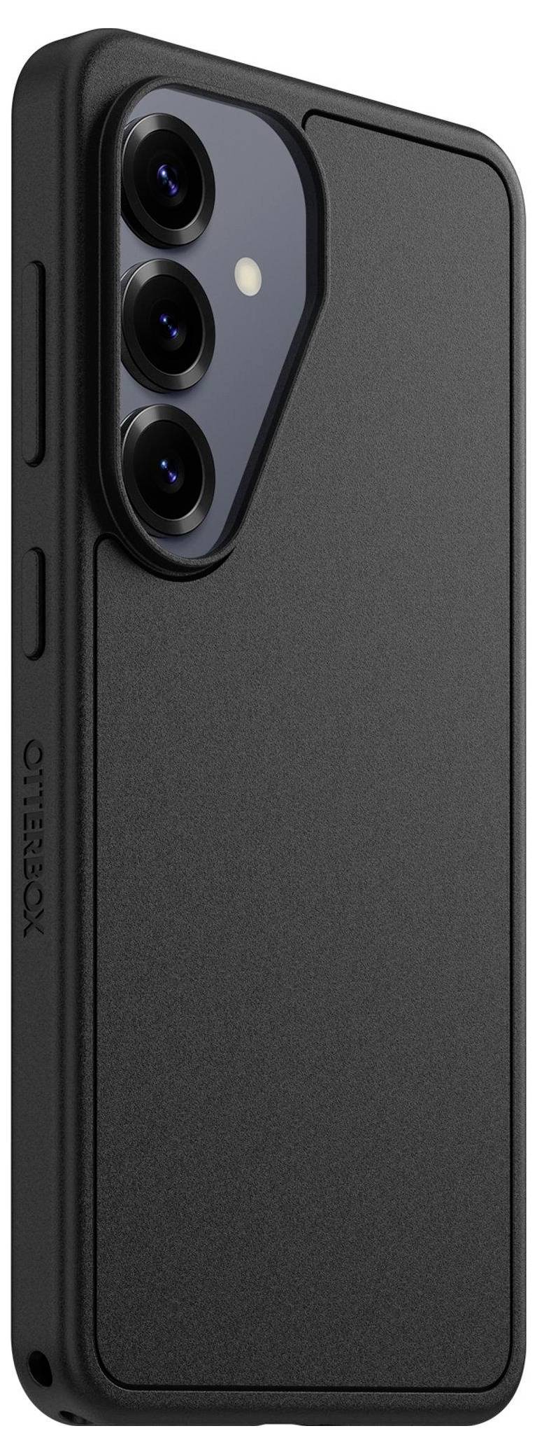 Un étui de smartphone noir avec une surface texturée, doté d'une protection de caméra surélevée et de couvercles de boutons latéraux, conçu pour la durabilité.