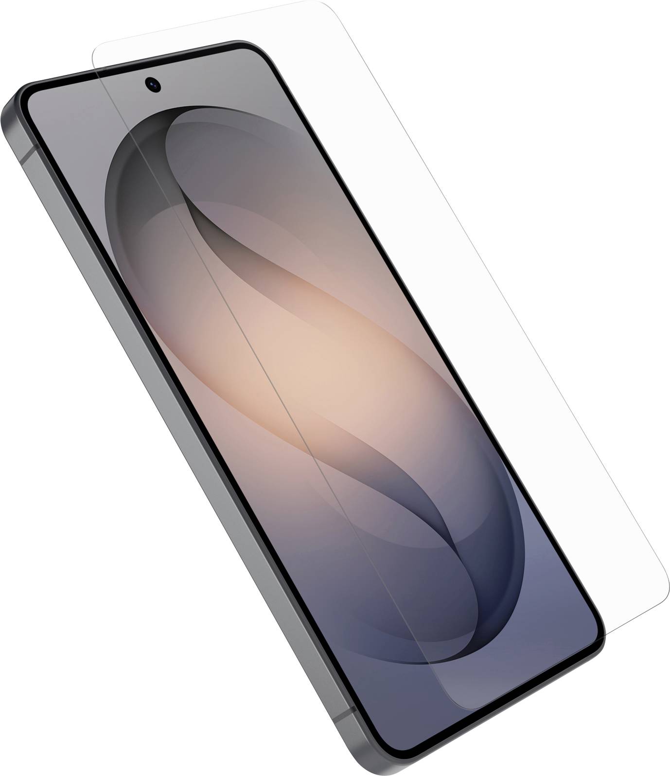 Un smartphone présenté sous un angle avec un protecteur d'écran transparent aligné sur l'affichage.