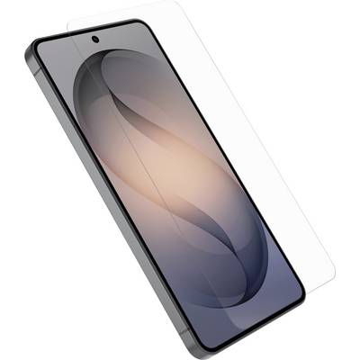Un smartphone présenté sous un angle avec un protecteur d'écran transparent aligné sur l'affichage.