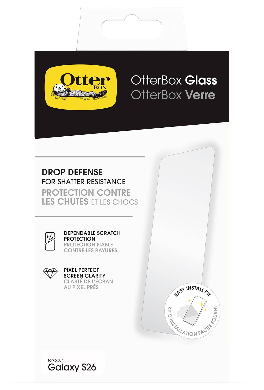 Protecteur d'écran en verre OtterBox pour Galaxy S26, mettant en avant la défense contre les chutes, la protection contre les rayures, la clarté parfaite des pixels et le kit d'installation facile.