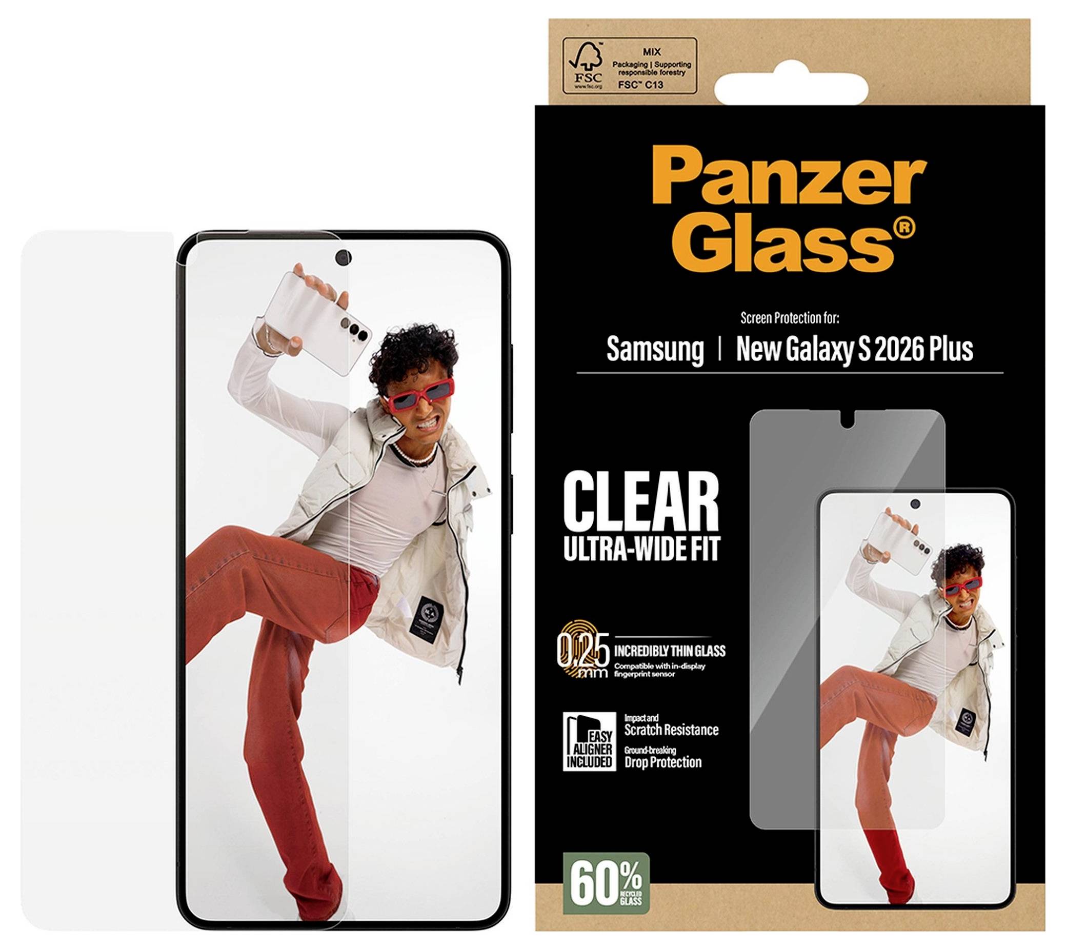 Protecteur d'écran « Panzer Glass » pour Samsung Galaxy S2026 Plus, présenté avec une personne dansant sur l'écran du téléphone, mettant l'accent sur la protection.