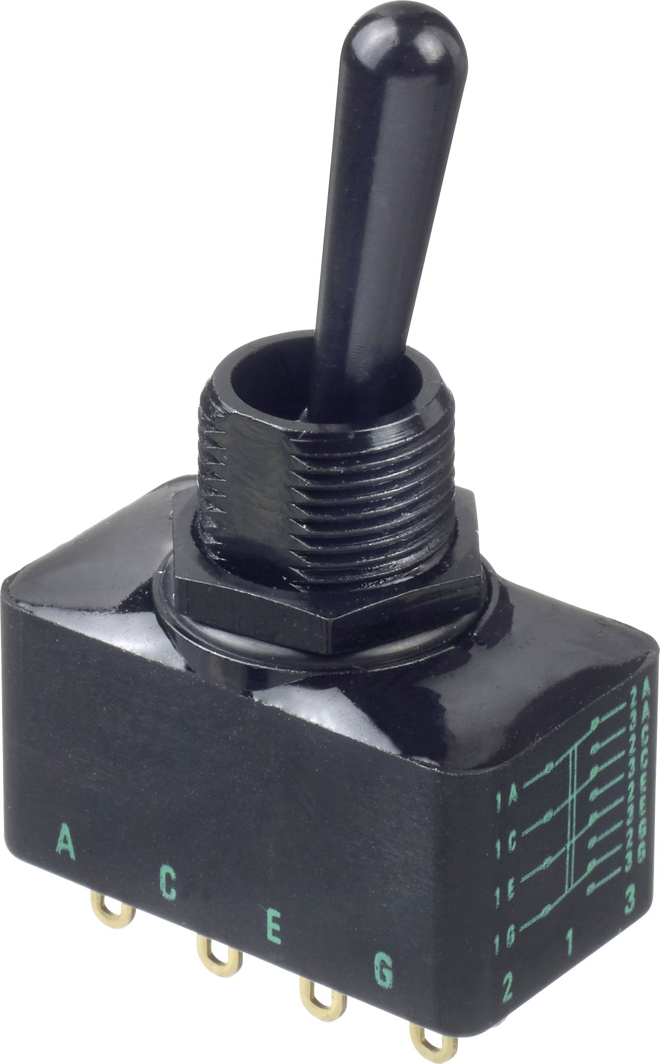 Un interrupteur à bascule noir avec plusieurs broches de connexion et des positions étiquetées « A », « C », « E » et « G » sur la base.