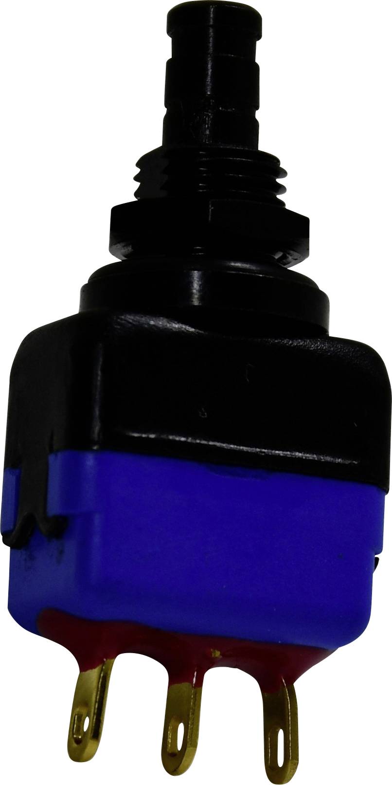 Un petit commutateur électrique noir et bleu avec des broches dorées, généralement utilisé pour les applications électroniques ou mécaniques.