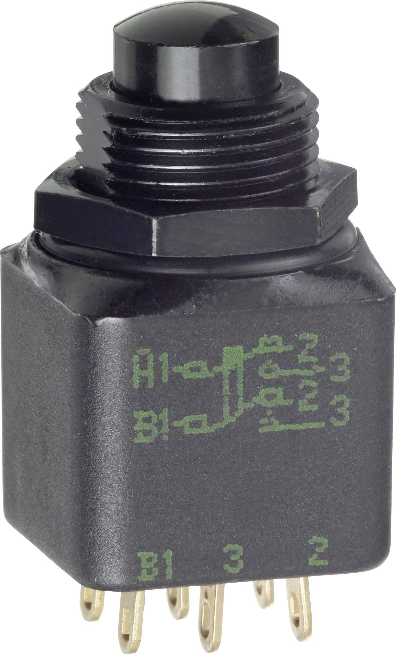 Un interrupteur à bascule noir avec plusieurs broches dorées, étiqueté avec un schéma montrant la connectivité électrique entre les broches.