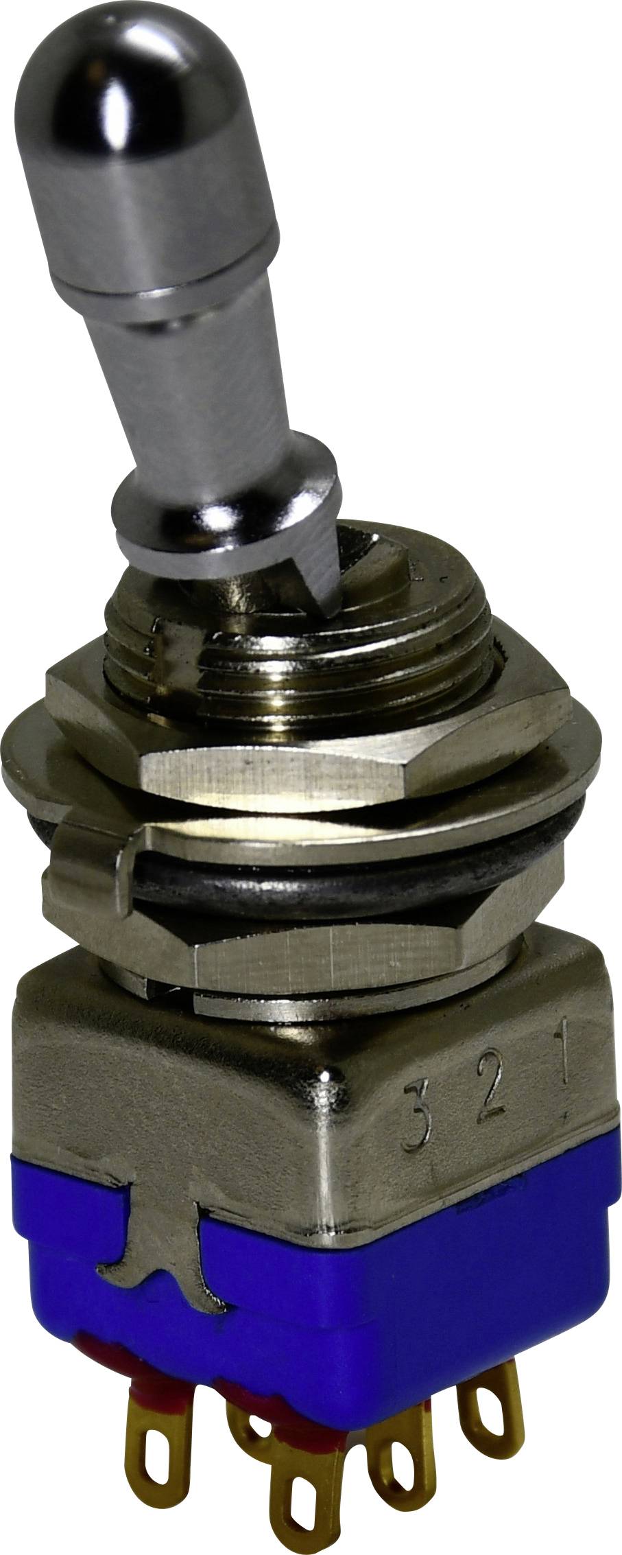 Un interrupteur à bascule en argent avec une base bleue, utilisé pour les circuits électriques. L'interrupteur est en position verticale, présentant plusieurs bornes métalliques.