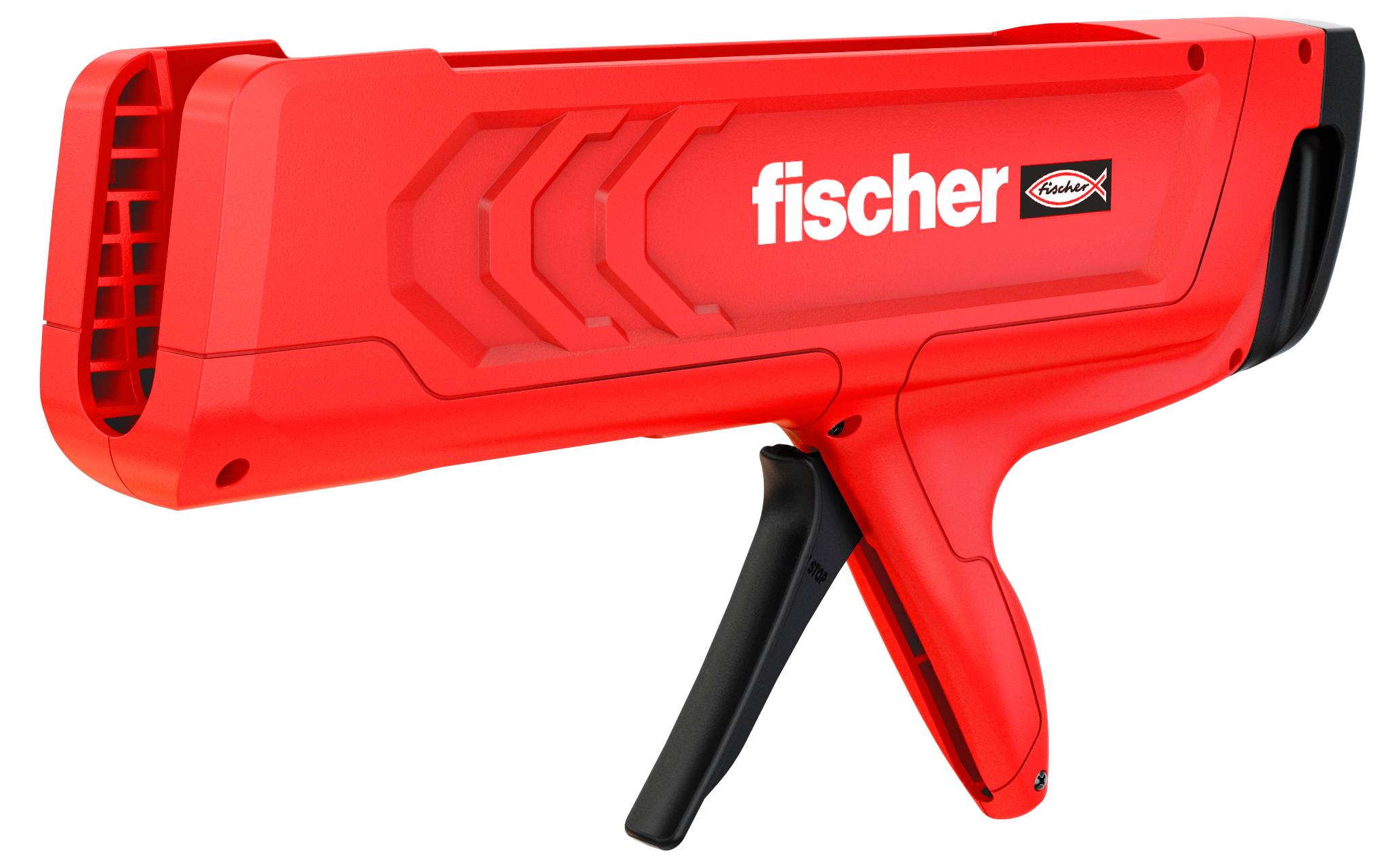 Outil Fischer portatif rouge ressemblant à un pistolet à calfeutrer, avec poignée à gâchette et grip noir sur fond blanc.