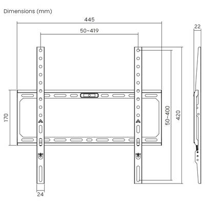 Support mural avec schéma technique et dimensions. Largeur : 445 mm, plage de hauteur : 50-419 mm, profondeur du profil : 24 mm, adapté à différentes tailles d'écran.
