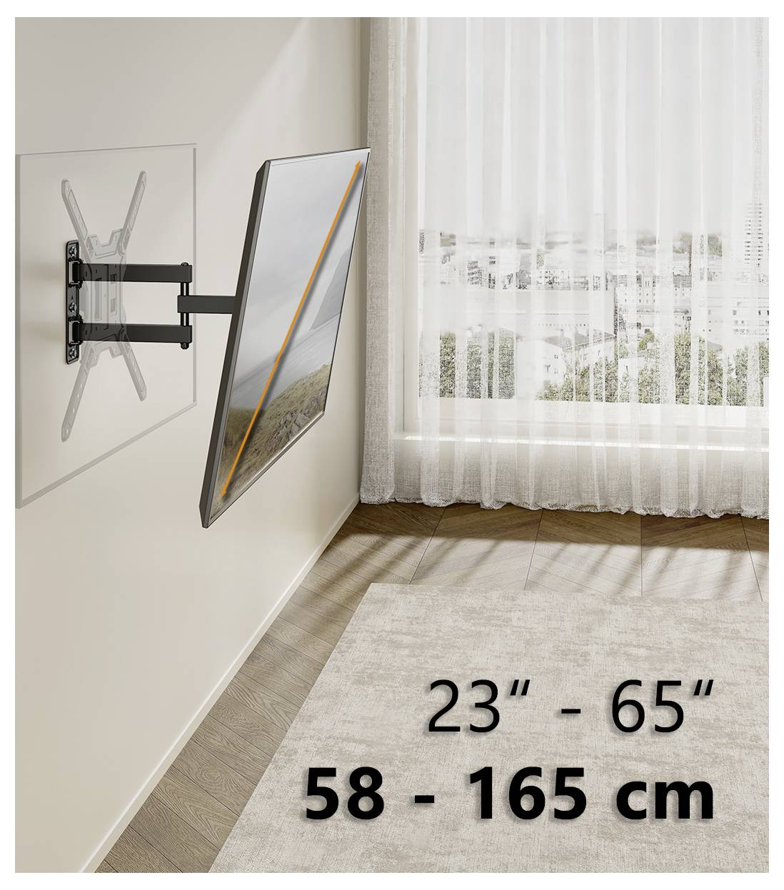 Un téléviseur à écran plat monté sur un support mural extensible, dans une pièce lumineuse avec de grandes fenêtres. Le texte indique « 23" - 65" 58 - 165 cm ».