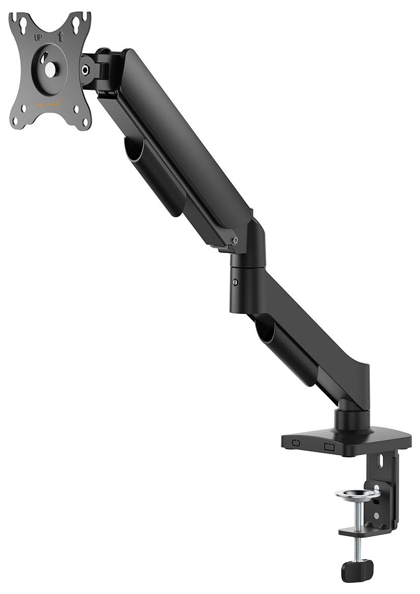 Un bras de moniteur noir réglable avec fixation par pince, conçu pour sécuriser les moniteurs sur les bureaux, améliorant le positionnement ergonomique et économisant l'espace.