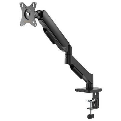 Un bras de moniteur noir réglable avec fixation par pince, conçu pour sécuriser les moniteurs sur les bureaux, améliorant le positionnement ergonomique et économisant l'espace.