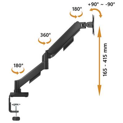 Bras de moniteur affichant les angles ajustables : rotation de 180° à la base, pivotement de 360° au coude, inclinaison de 180° à l'extrémité. Hauteur ajustable de 165 à 415 mm.