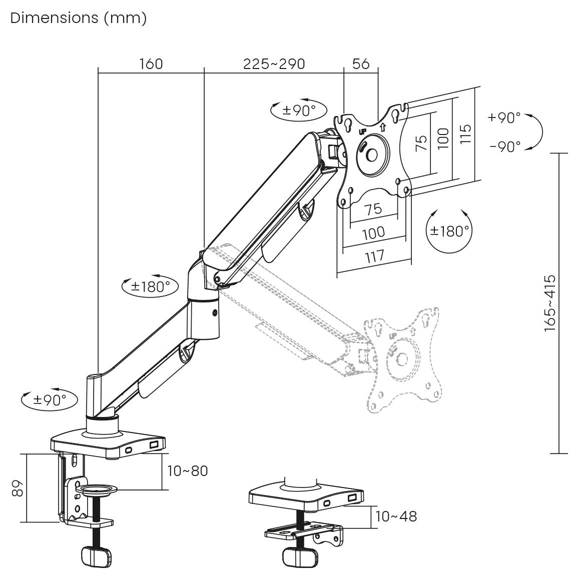 Diagramme « Dimensions (mm) » d'un bras de moniteur réglable avec hauteur 165-415 mm, portée 225-290 mm, et angles d'inclinaison/pivotement ±90° et ±180°.