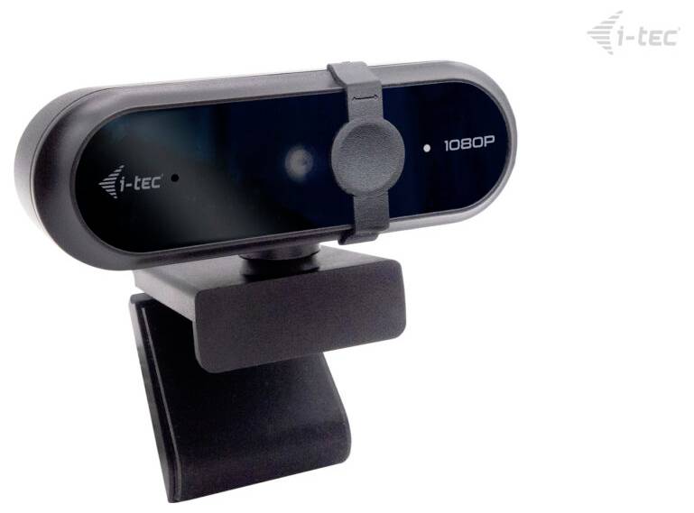 Une webcaméra noire et chromée avec les logos « 1080P » et « i-tec » sur le devant, montée sur un support réglable, adaptée à la vidéoconférence.