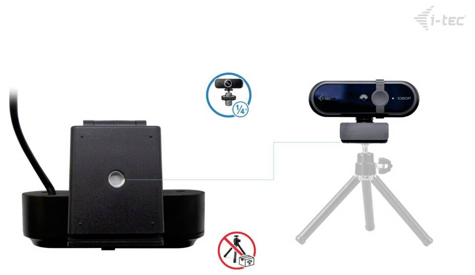 'Facilité d'installation des webcams via trépied, montrant le montage sécurisé par rapport à une utilisation incorrecte sans trépied, avec un symbole d'interdiction manuelle.'