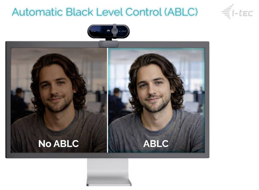 Un moniteur en écran partagé montre un homme dans un bureau. Gauche : éclairage tamisé étiqueté « Pas d'ABLC ». Droite : éclairage plus lumineux étiqueté « ABLC ».