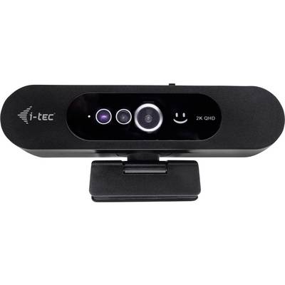 Vue de face d'une webcam i-tec noire avec trois lentilles et une étiquette « 2K QHD », présentant une icône de visage souriant sur le côté droit.