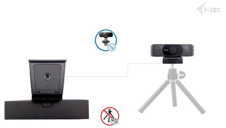 « Étape 4 : Fixez le clip réglable » - L'image montre comment monter une webcaméra avec deux exemples : un clip pour écrans et un trépied.