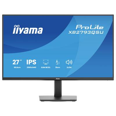 Moniteur avec le texte « iiyama ProLite XB2793QSU ». Il dispose d'un écran de 27", d'une résolution de 2560x1440, d'un panneau IPS, d'une fine bordure et de 2 haut-parleurs de 2W.