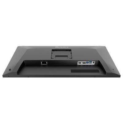 'Vue arrière d'un moniteur montrant les ports HDMI, DisplayPort, USB, et une fente de connexion d'alimentation, avec une zone de support de montage au centre.'