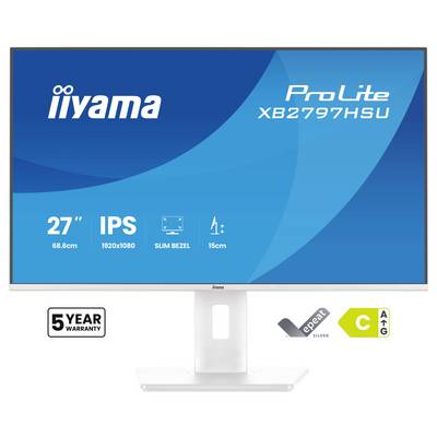 Moniteur 'Iiyama ProLite XB2797HSU', 27 pouces, IPS, résolution 1920x1080, bordures fines. Caractéristiques : garantie 5 ans, classement énergétique C.