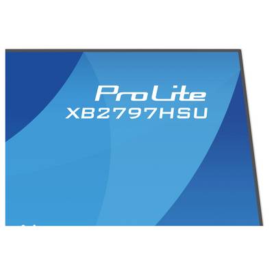 Modèle de moniteur « ProLite XB2797HSU » affiché sur un fond bleu avec des courbes stylisées.