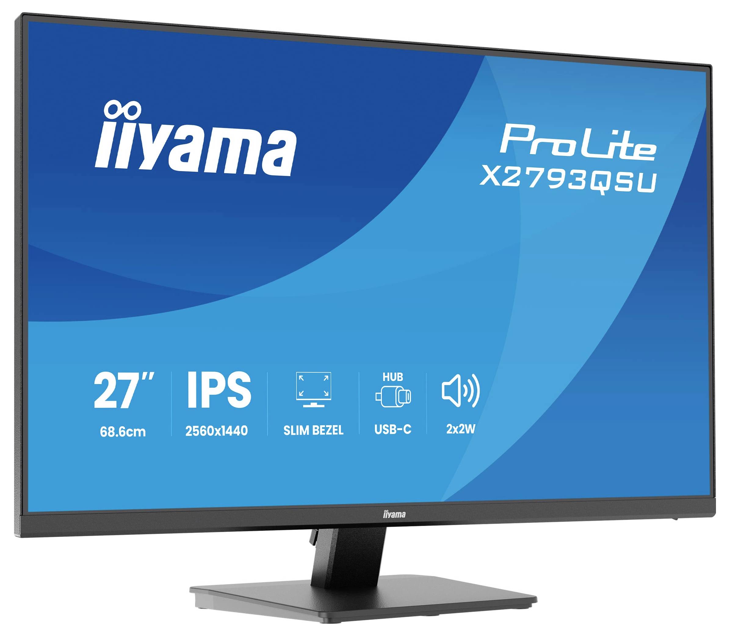 Un moniteur affichant "iiyama ProLite X2793QSU" avec les caractéristiques suivantes : écran 27", IPS, résolution 2560x1440, lunettes fines, concentrateur USB-C et haut-parleurs 2x2W.