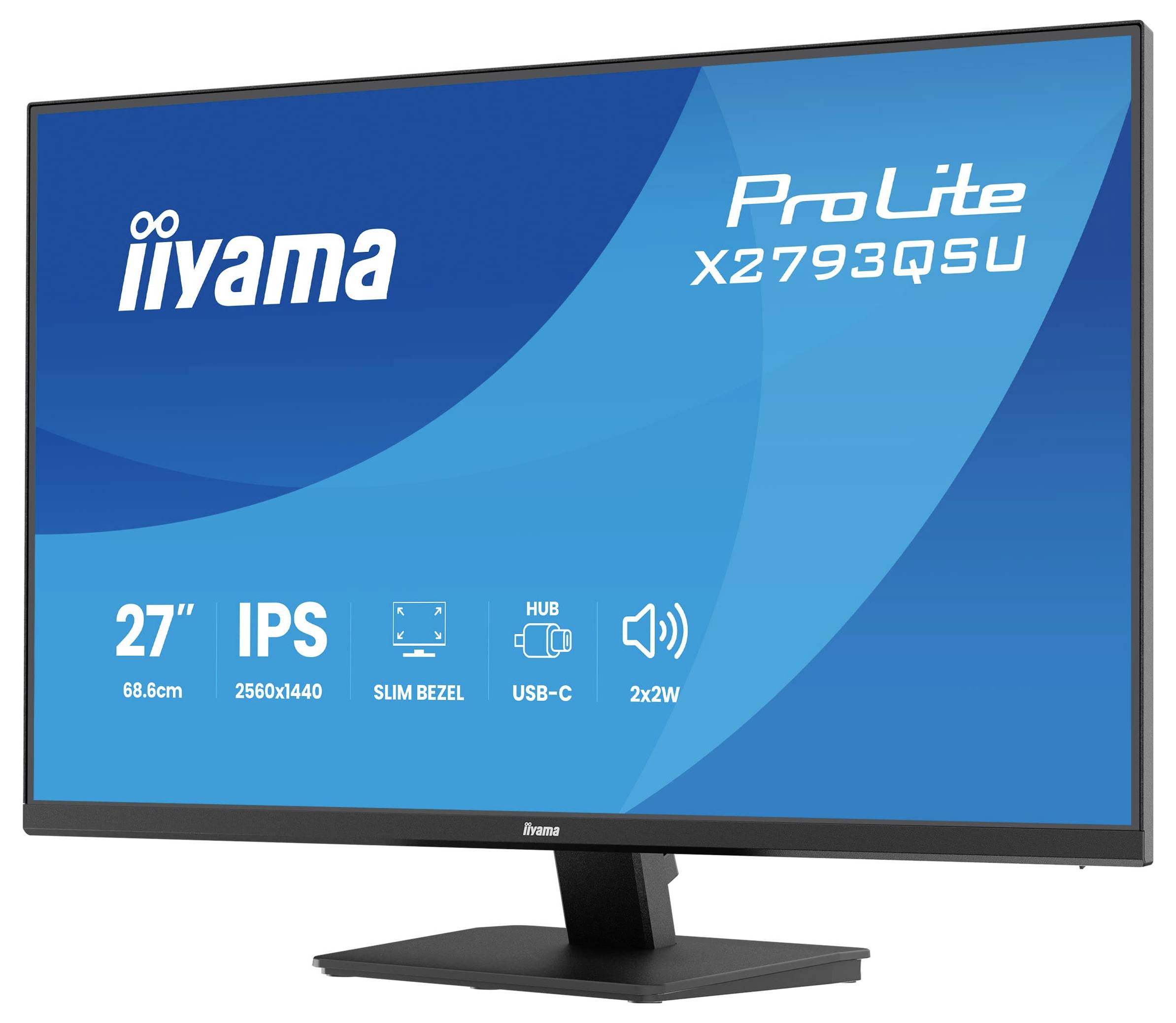 L'image montre un moniteur iiyama ProLite X2793QSU avec un écran de 27 pouces, technologie IPS, résolution 2560x1440, USB-C et des haut-parleurs 2x2W.