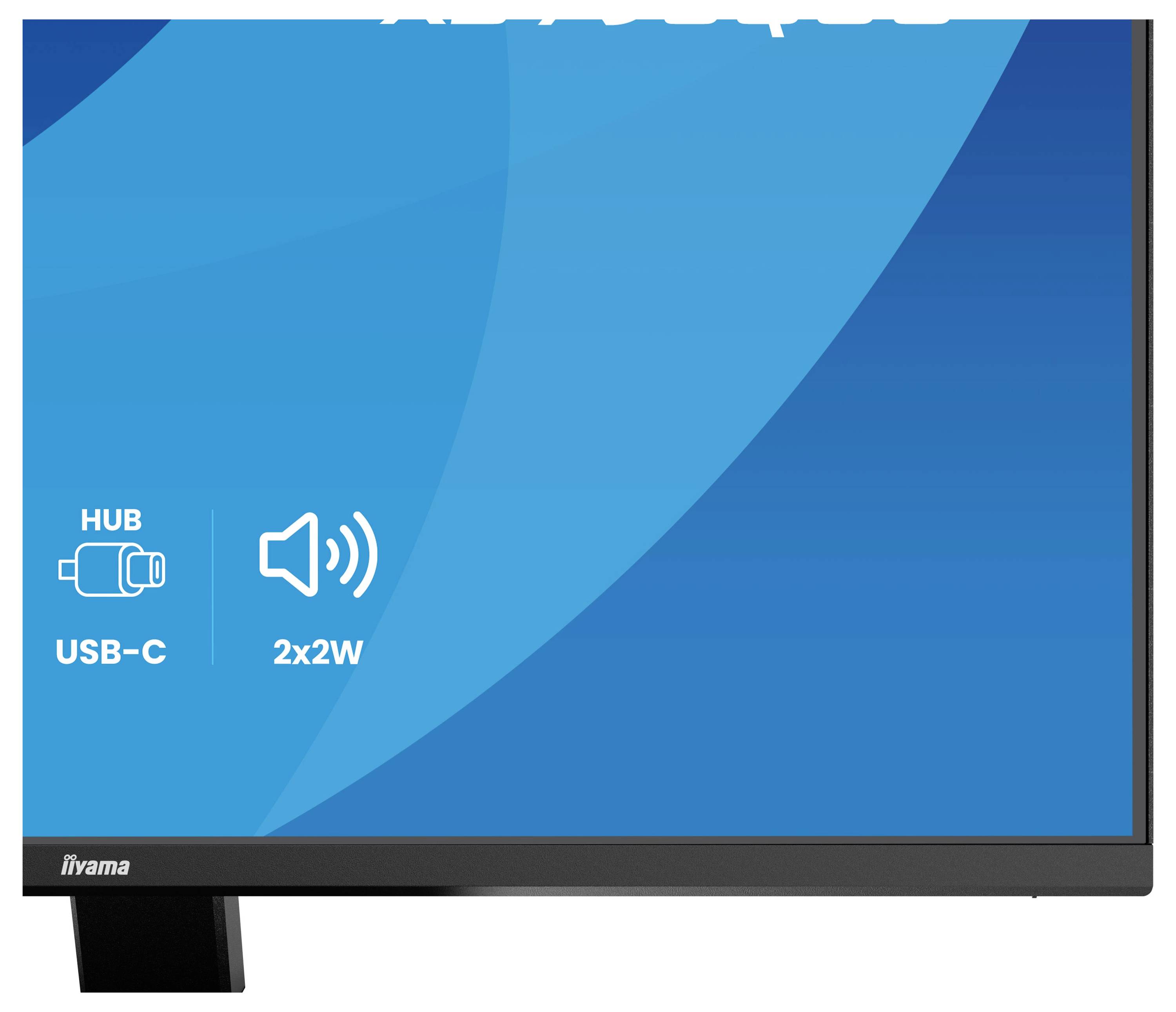 Écran de surveillance avec un fond bleu affichant des icônes pour « Concentrateur USB-C » et « Haut-parleurs 2x2W ». Logo Iiyama en bas à gauche.