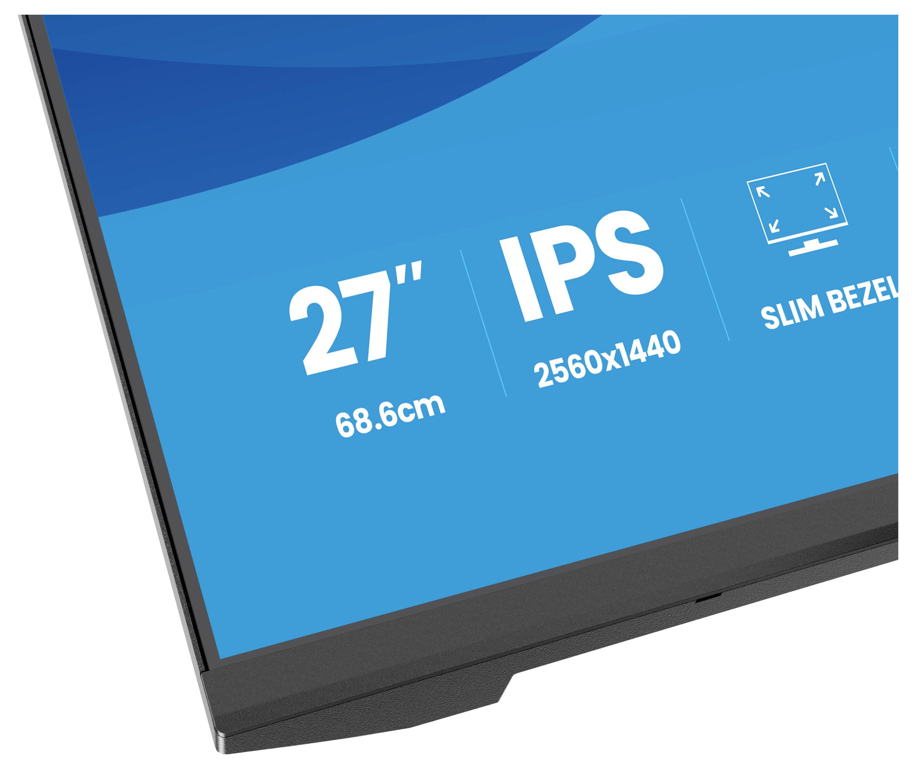 Une image partielle d'un écran de moniteur d'ordinateur affiche les spécifications : '27" (68,6 cm)', 'IPS', '2560x1440', 'Bordure fine'.