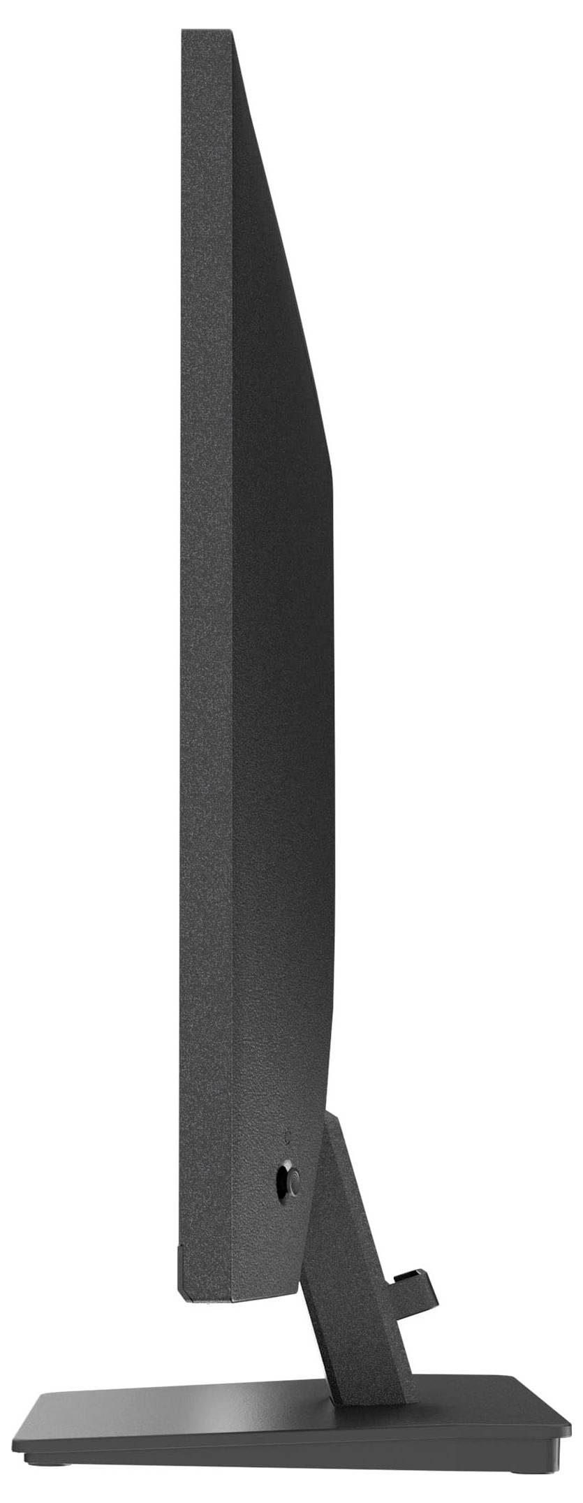 Vue latérale d'un moniteur d'ordinateur noir et fin sur son socle, illustrant son profil de conception élancé.